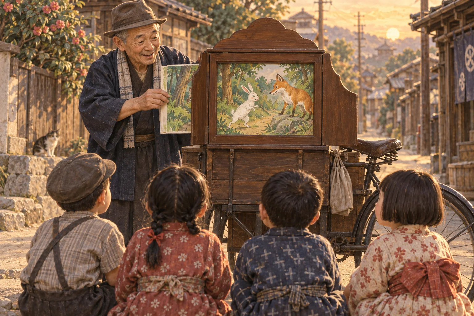 自転車に載せた木の舞台で紙芝居を見せる語り手と子どもたち