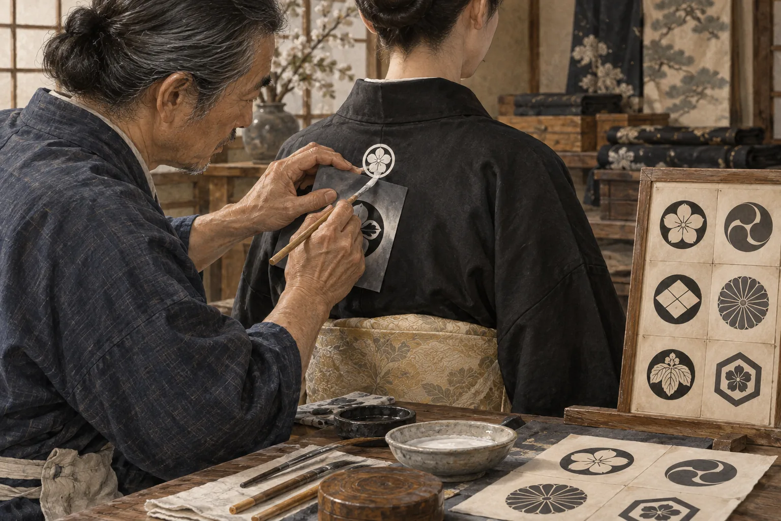 黒い着物に白い家紋を染める職人