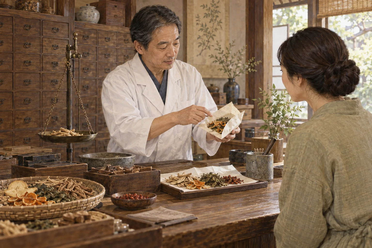 生薬を調合して漢方薬を説明する薬剤師