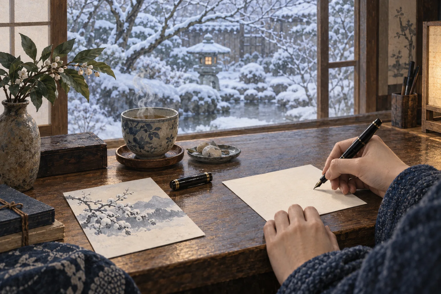 雪景色の窓辺で控えめな冬柄の寒中見舞いを書く手元
