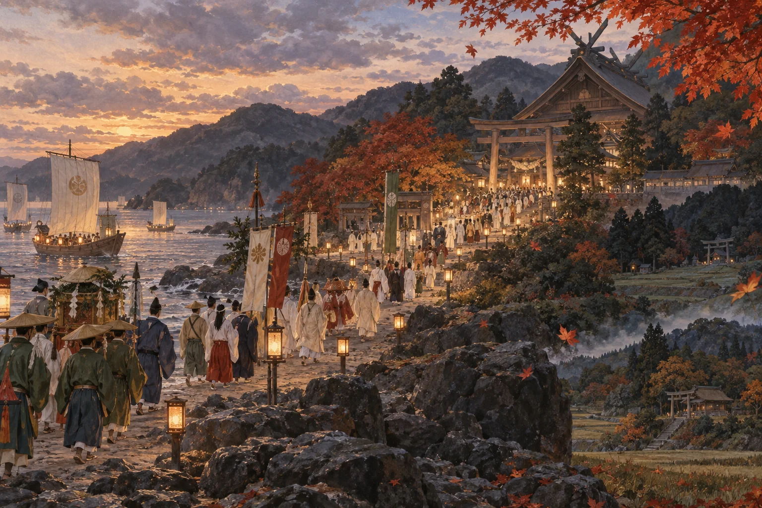 神在月の出雲へ全国の神々を象徴する行列が集まる秋の情景