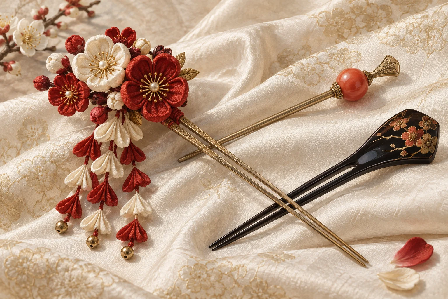つまみ細工の花かんざしと玉かんざし