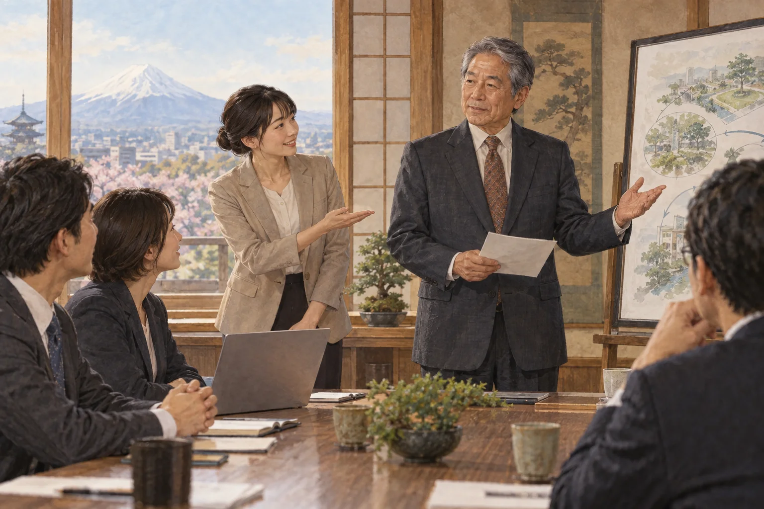 会議で先輩の顔を立てるよう配慮する同僚