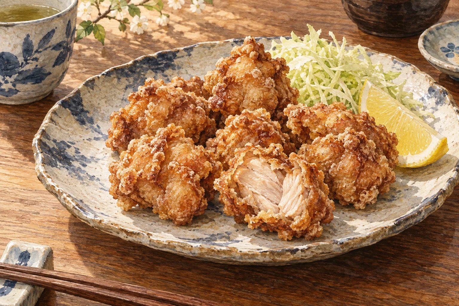 レモンとキャベツを添えた鶏の唐揚げ