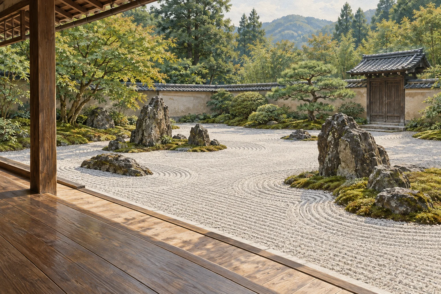 白砂に波紋を描き、石と苔を配した枯山水の庭