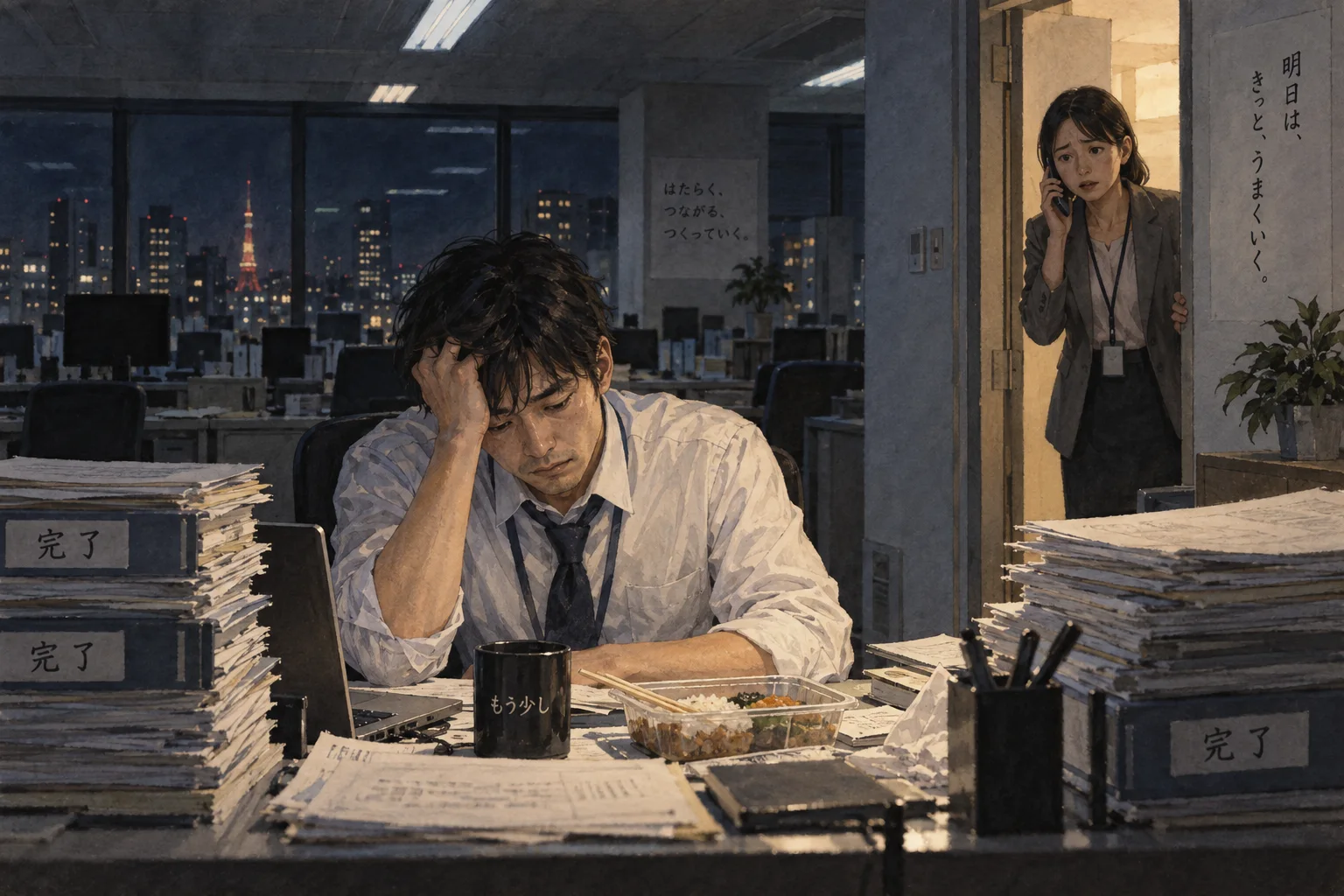 深夜の職場で疲弊した同僚を心配する社員