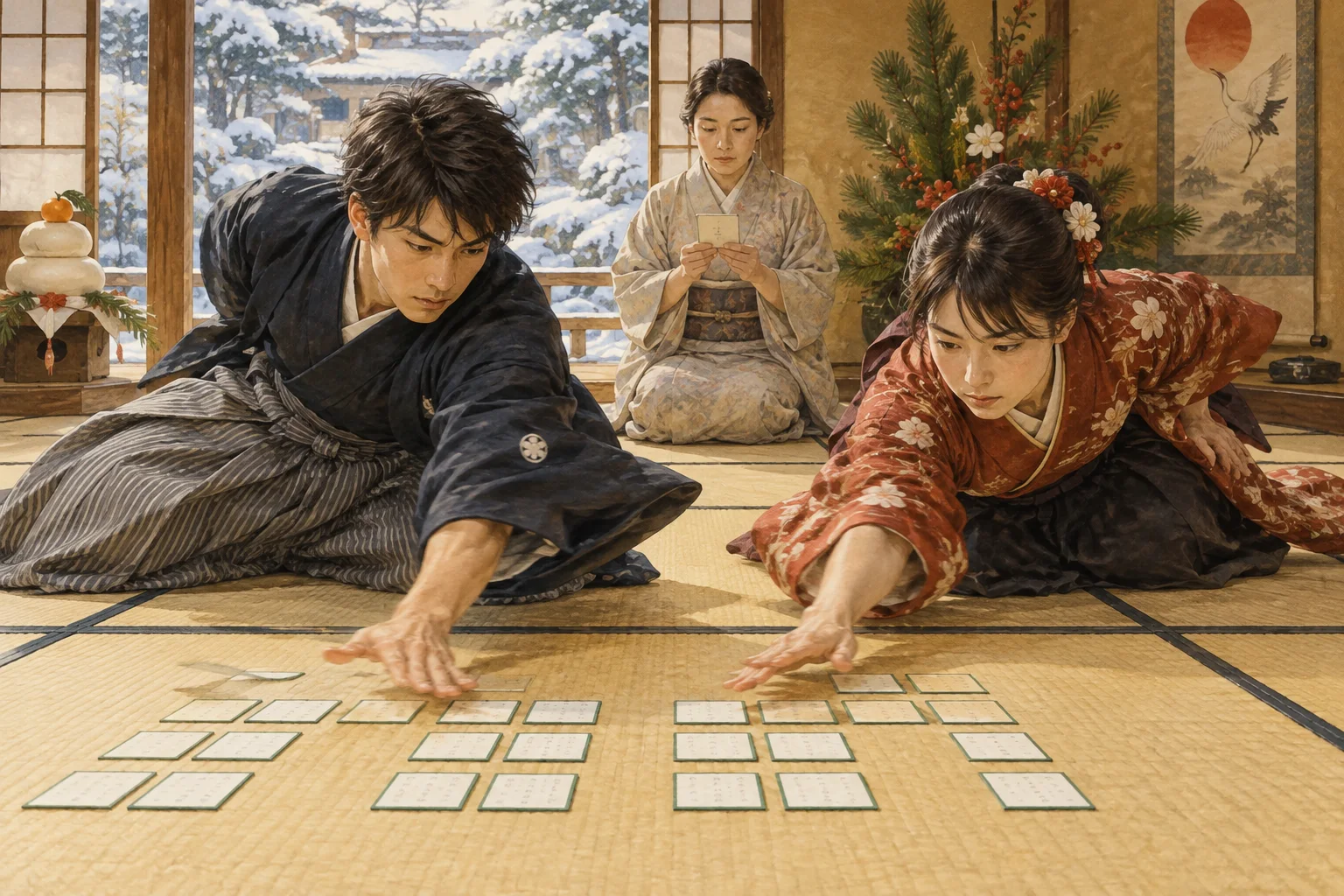 畳の上で札を取り合う競技かるたの選手たち