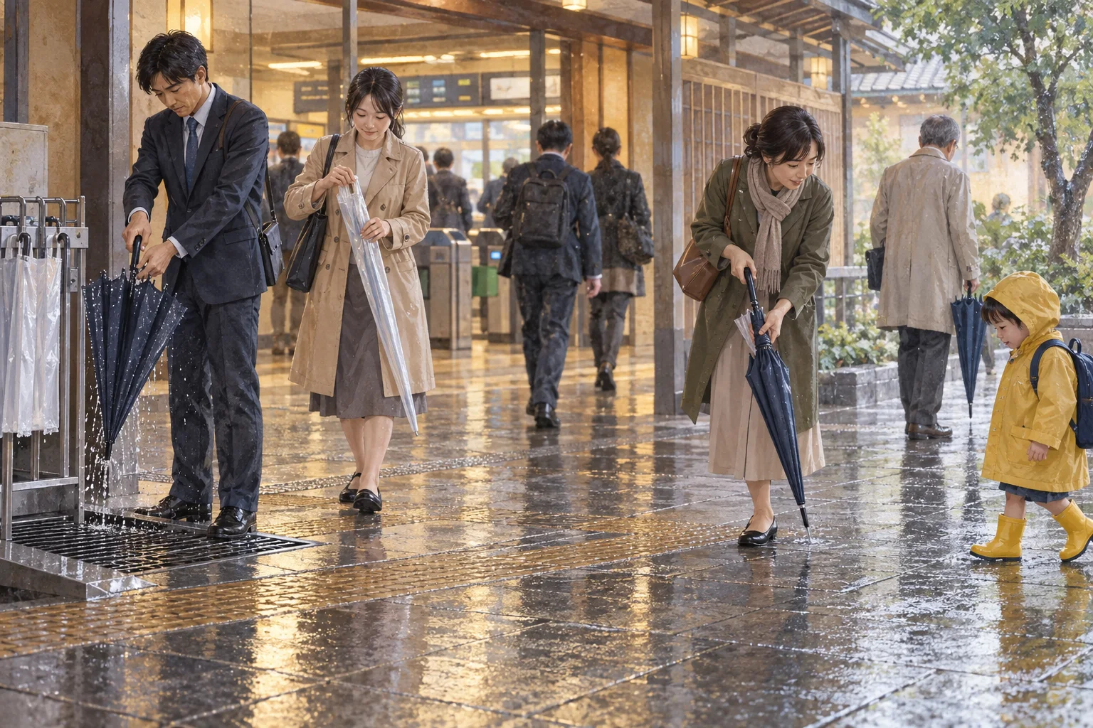 駅の入口で周囲に配慮して傘を扱う通勤客