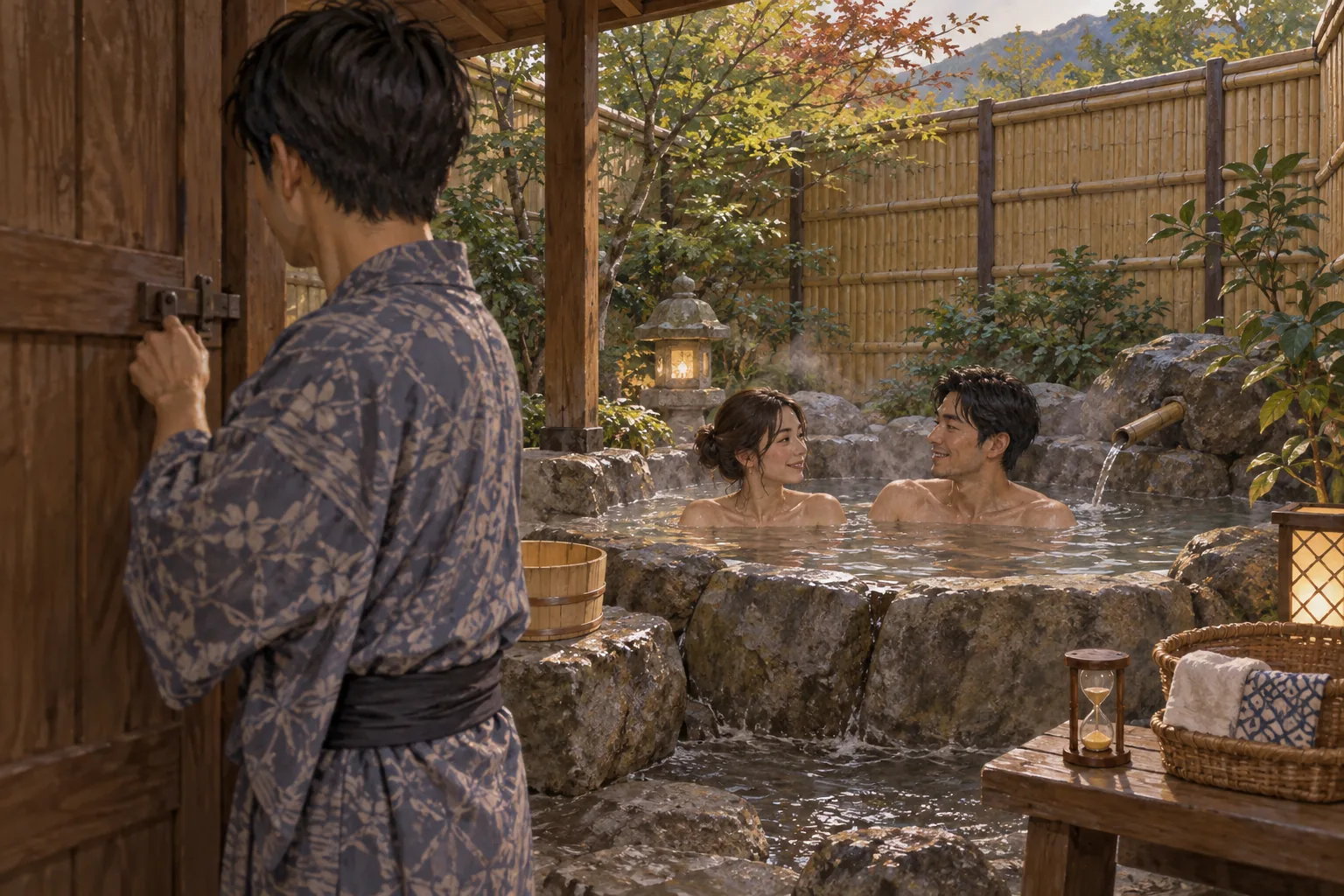 旅館の貸切風呂を二人だけで利用する宿泊客
