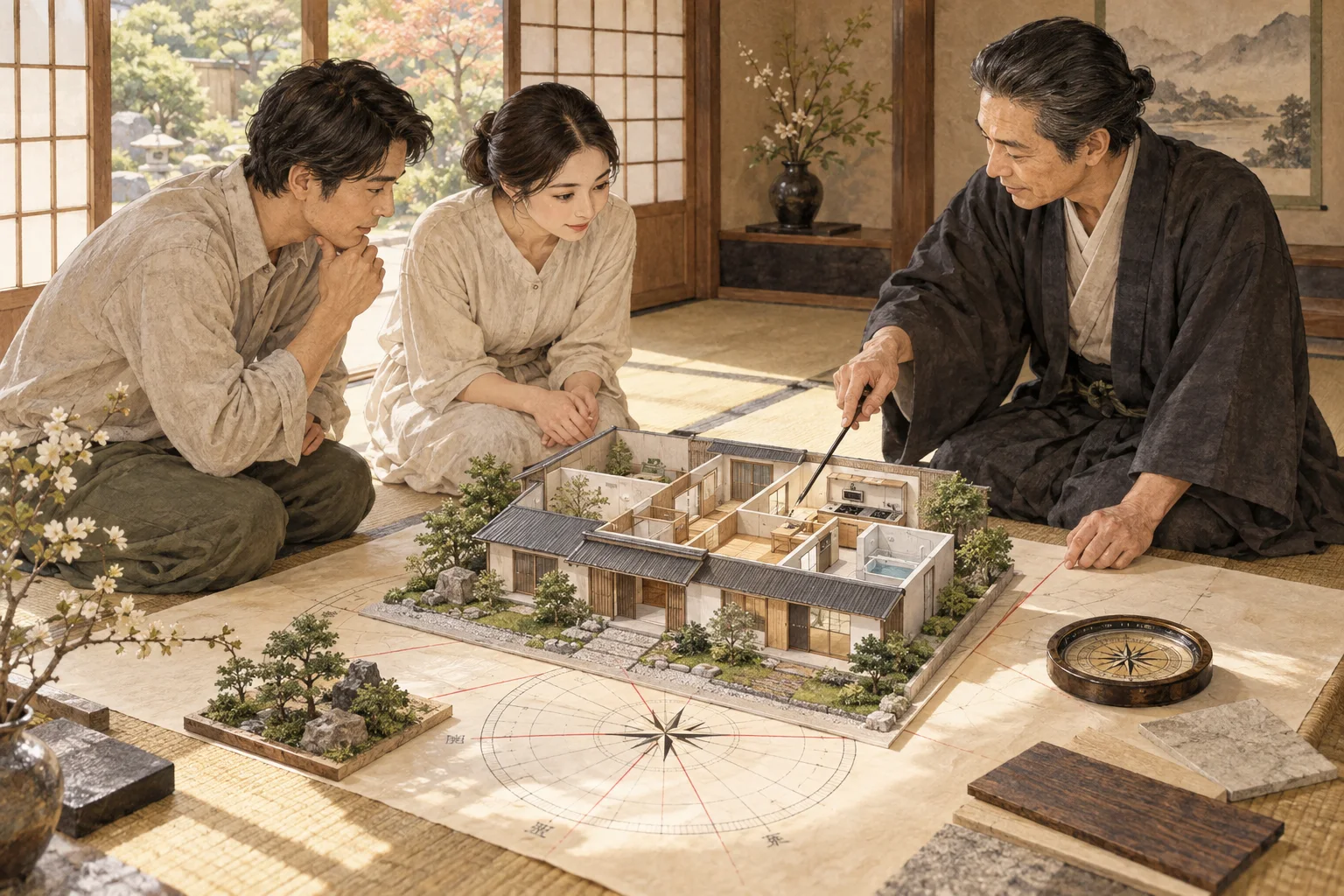 方位と家相を見ながら住宅模型を検討する人々