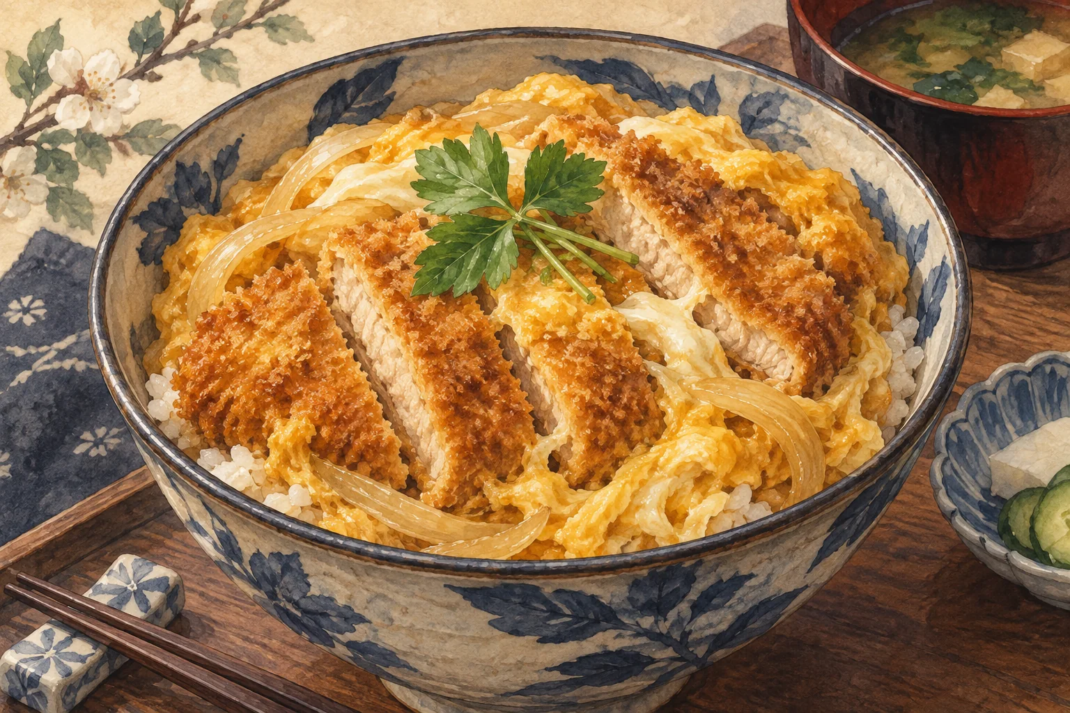 とんかつと卵、玉ねぎをご飯にのせたカツ丼