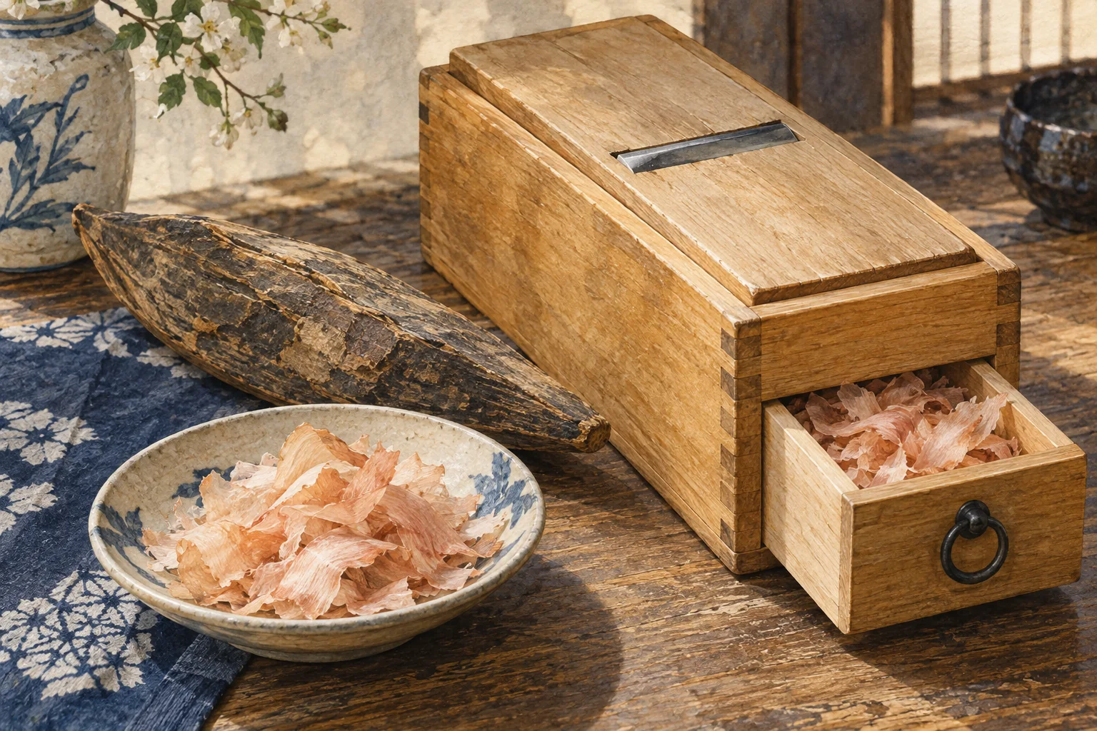 鰹節の削り器と、薄く削った鰹節