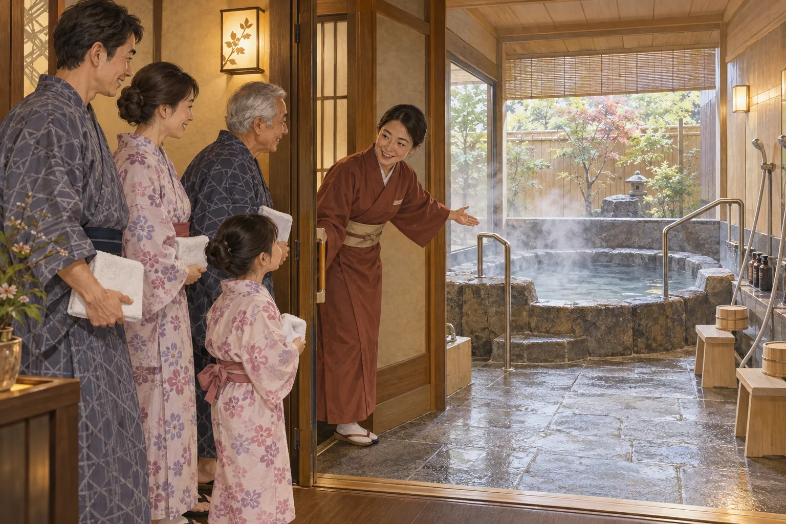 三世代で貸切の家族風呂に入る前の家族