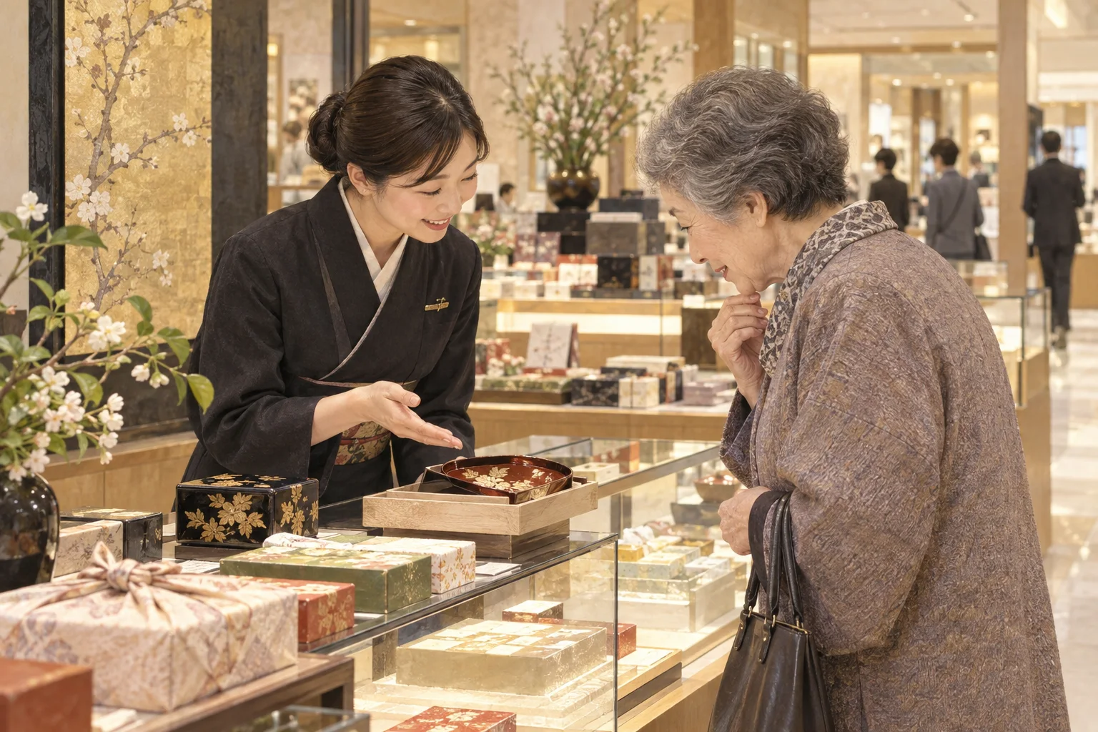 百貨店で丁寧な敬語と所作で接客する店員