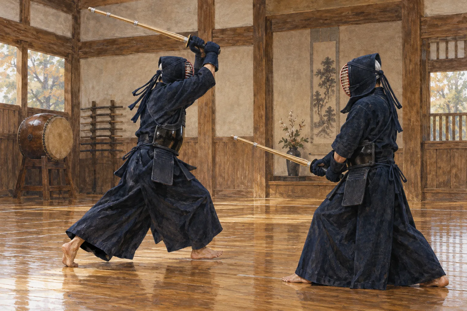道場で竹刀を使って打ち合う剣道の稽古