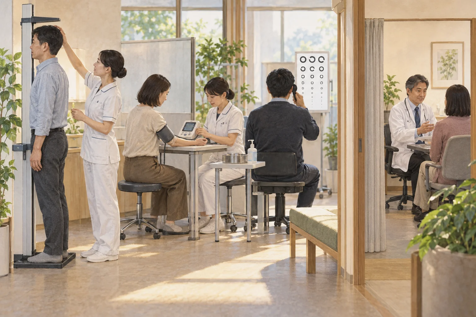 職場の定期健康診断で各検査を受ける人々