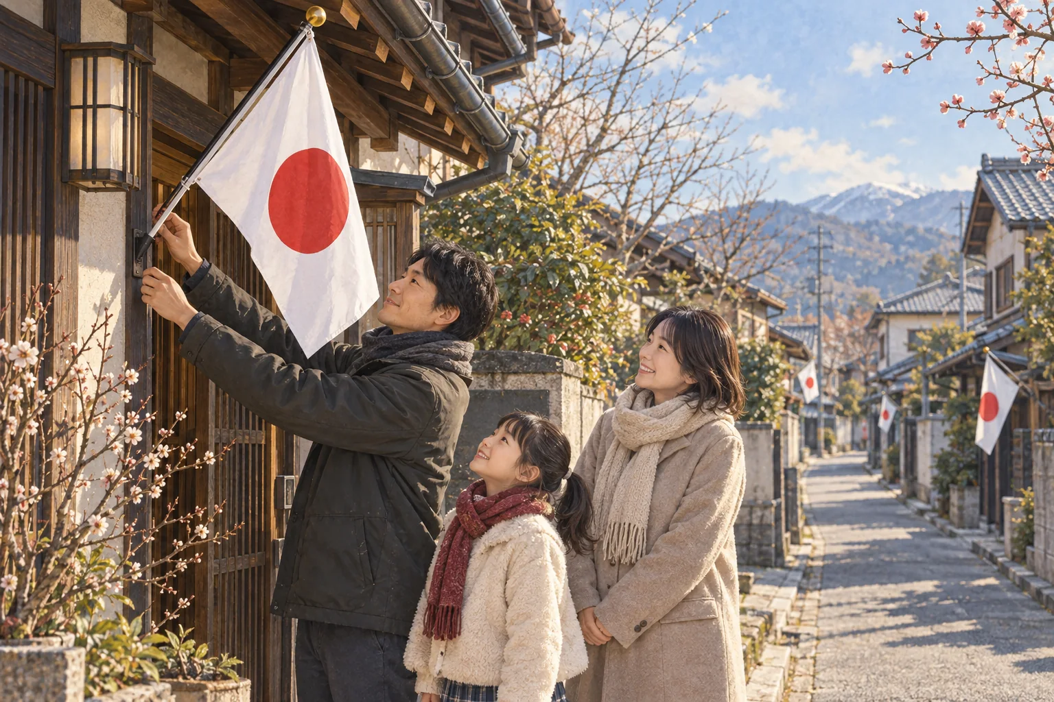 建国記念の日の朝、梅の咲く玄関で日の丸を掲げる家族
