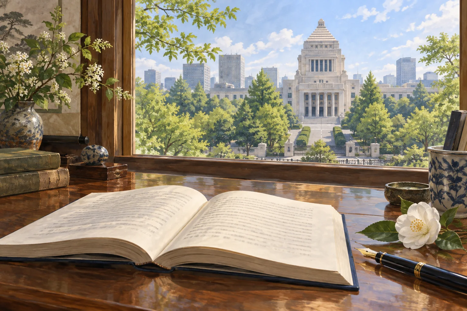 憲法の本を置いた机と窓の向こうの国会議事堂