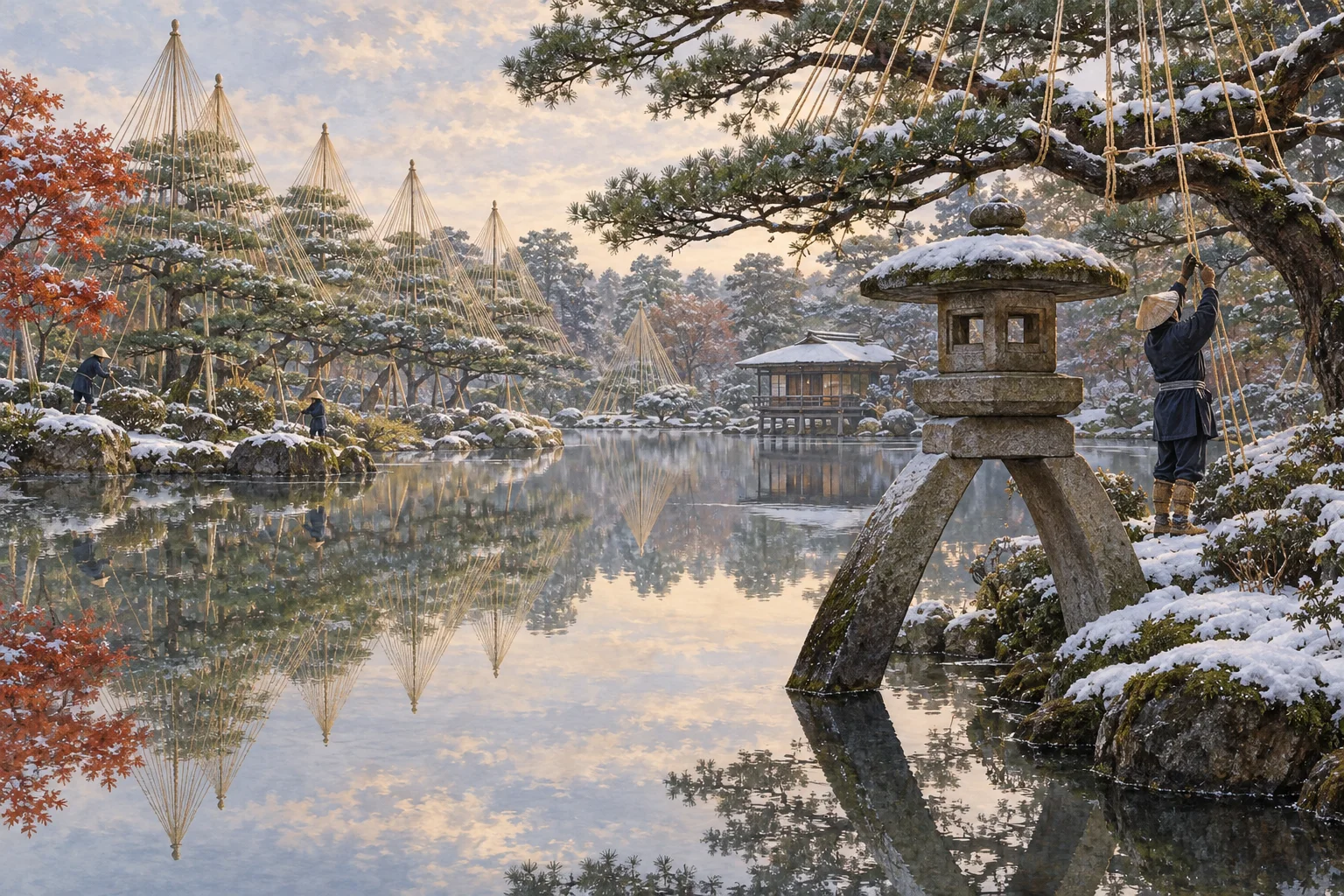雪吊りの松と池が美しい冬の兼六園