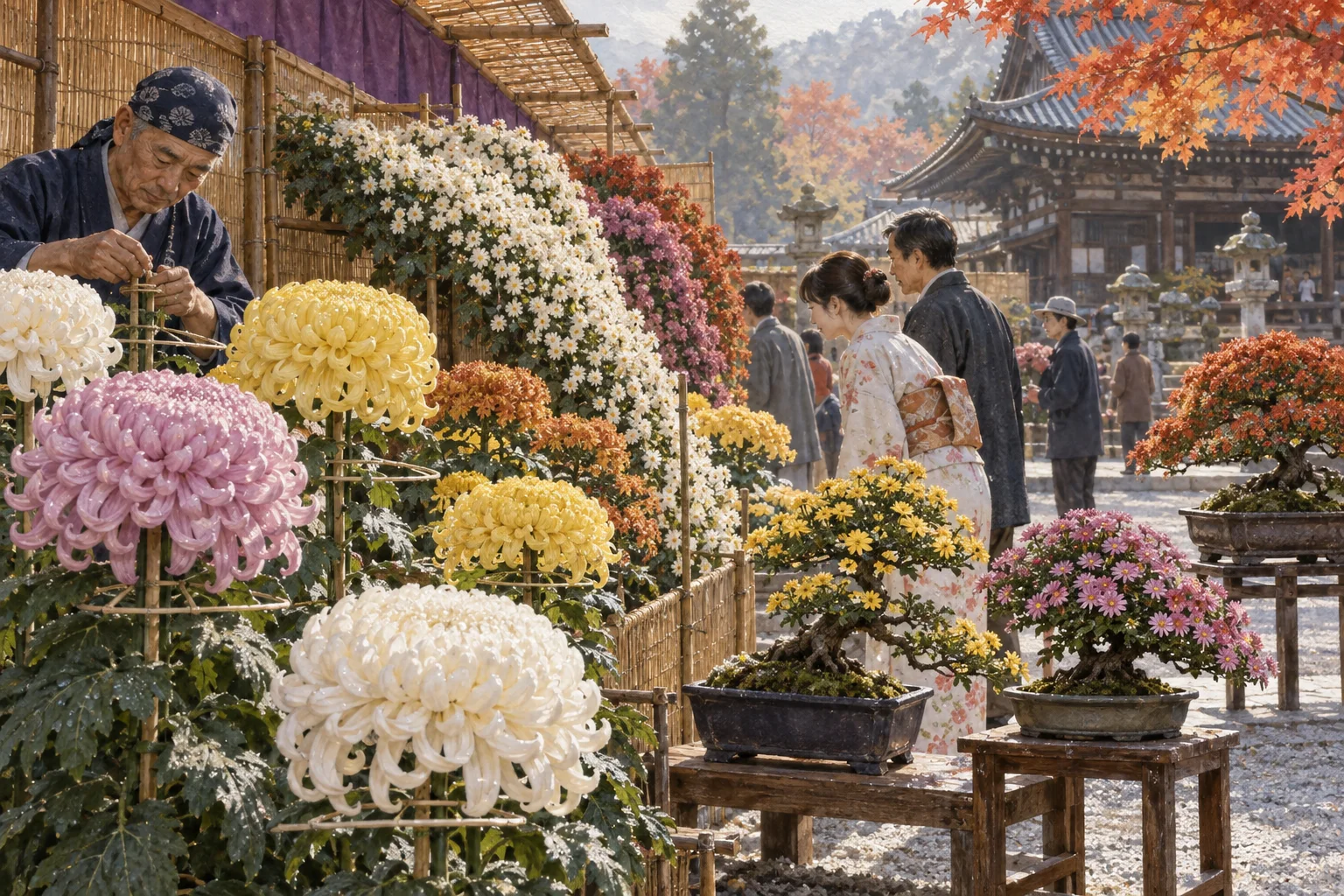 寺院の境内で多彩な菊花展を鑑賞する人々