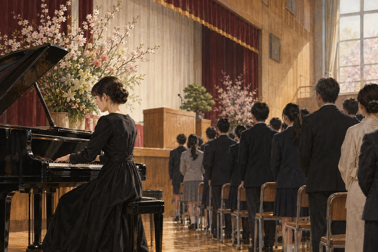 式典で君が代の演奏を静かに聞く人々