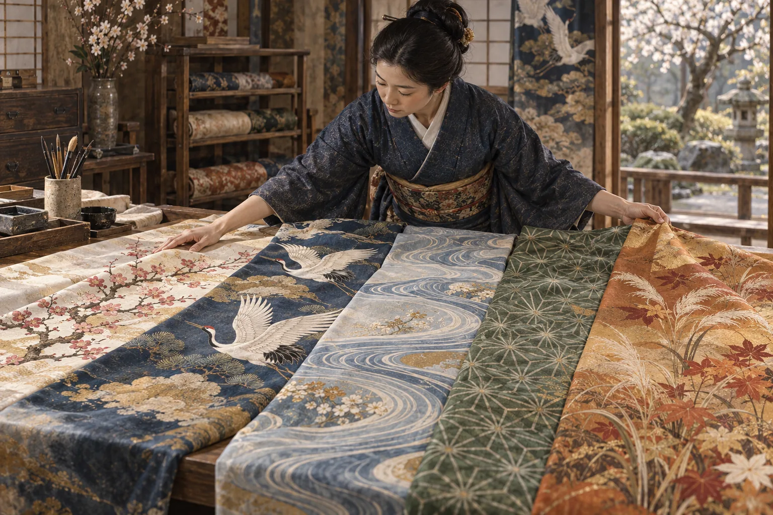季節の文様を染めた着物の反物