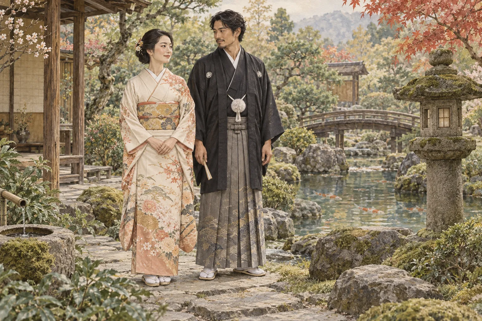 日本庭園で正装の着物を着た男女