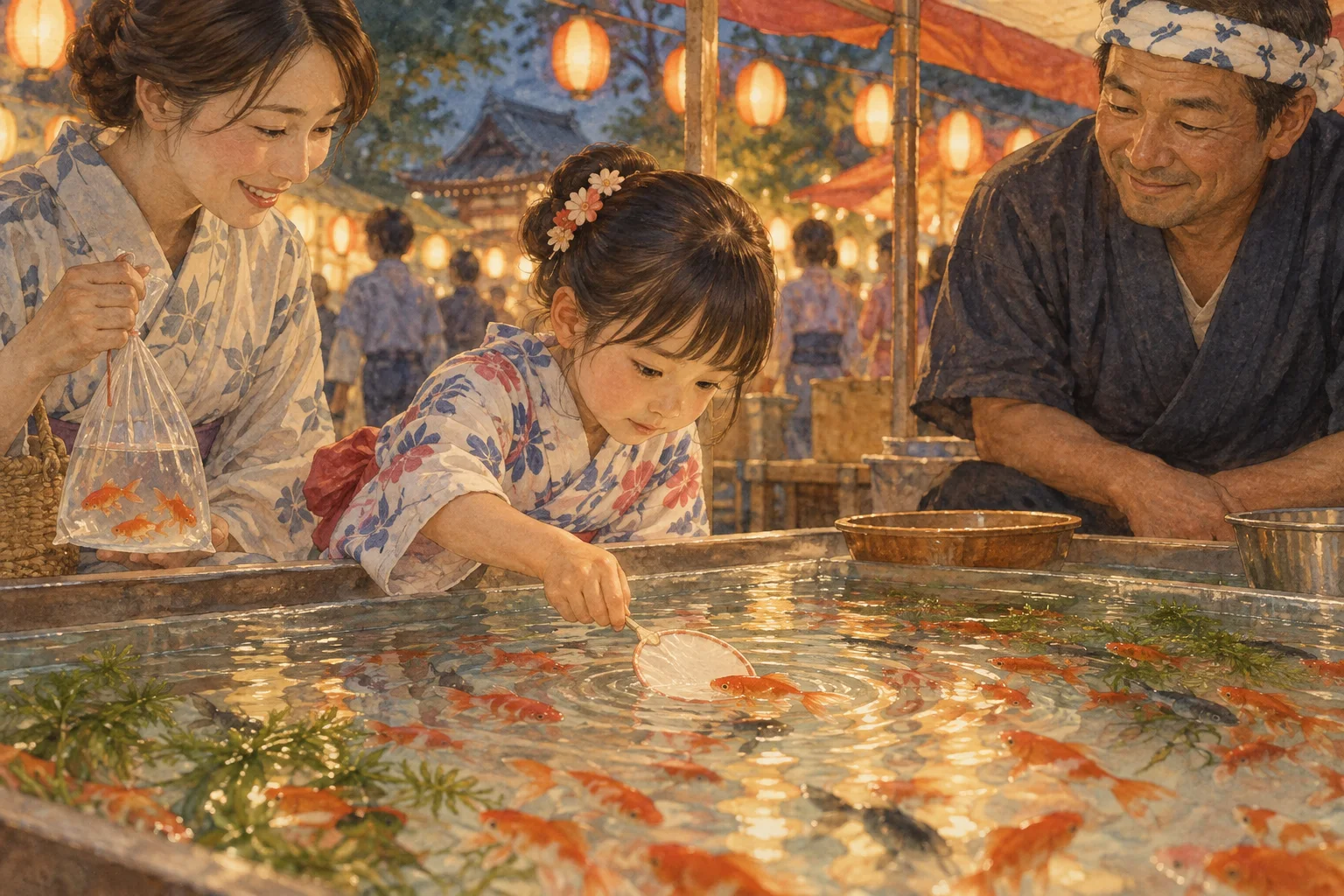夏祭りの金魚すくいに挑戦する子ども