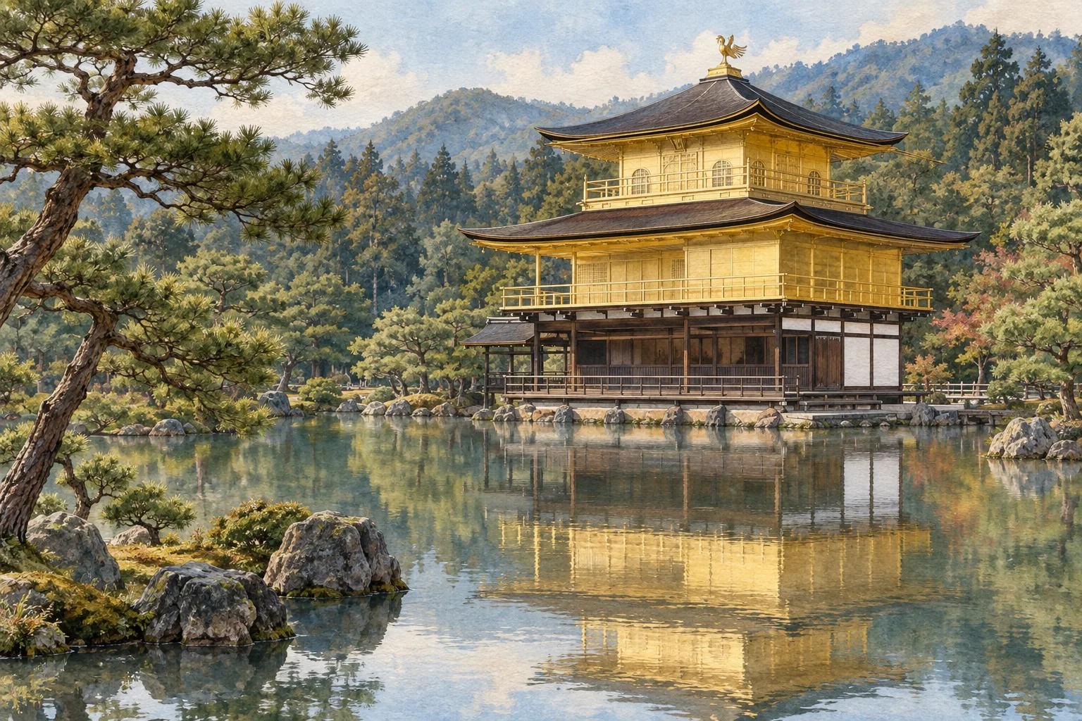 池の水面に映る金閣寺の金色の楼閣