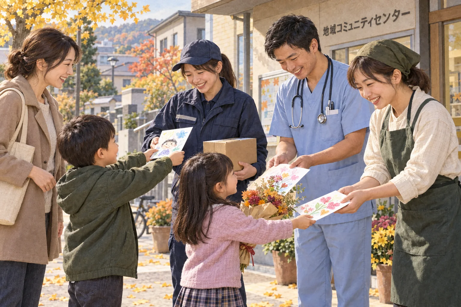 勤労感謝の日に、働く人たちへ感謝のカードと花を渡す子どもたち