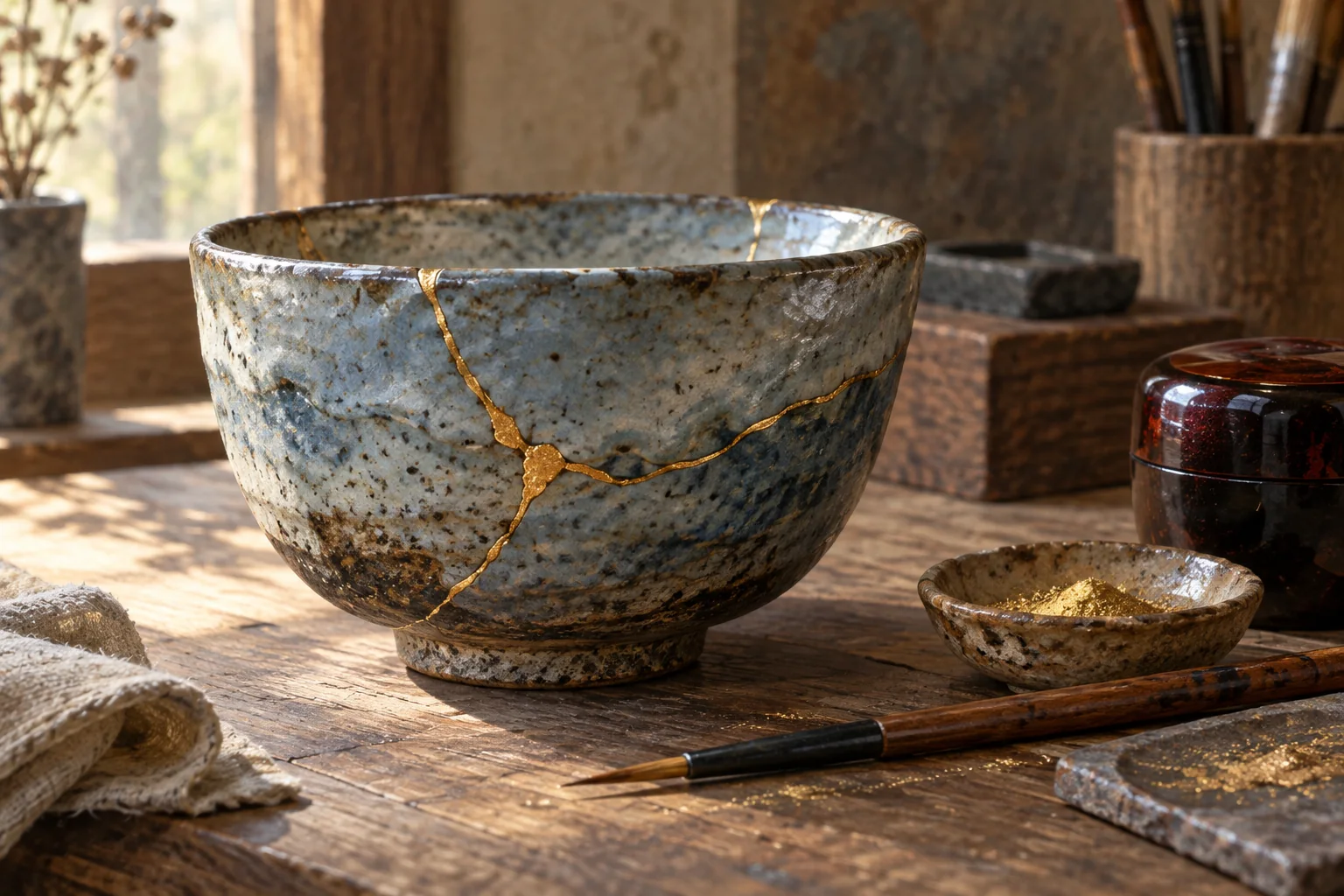 金色の継ぎ目で修復された茶碗