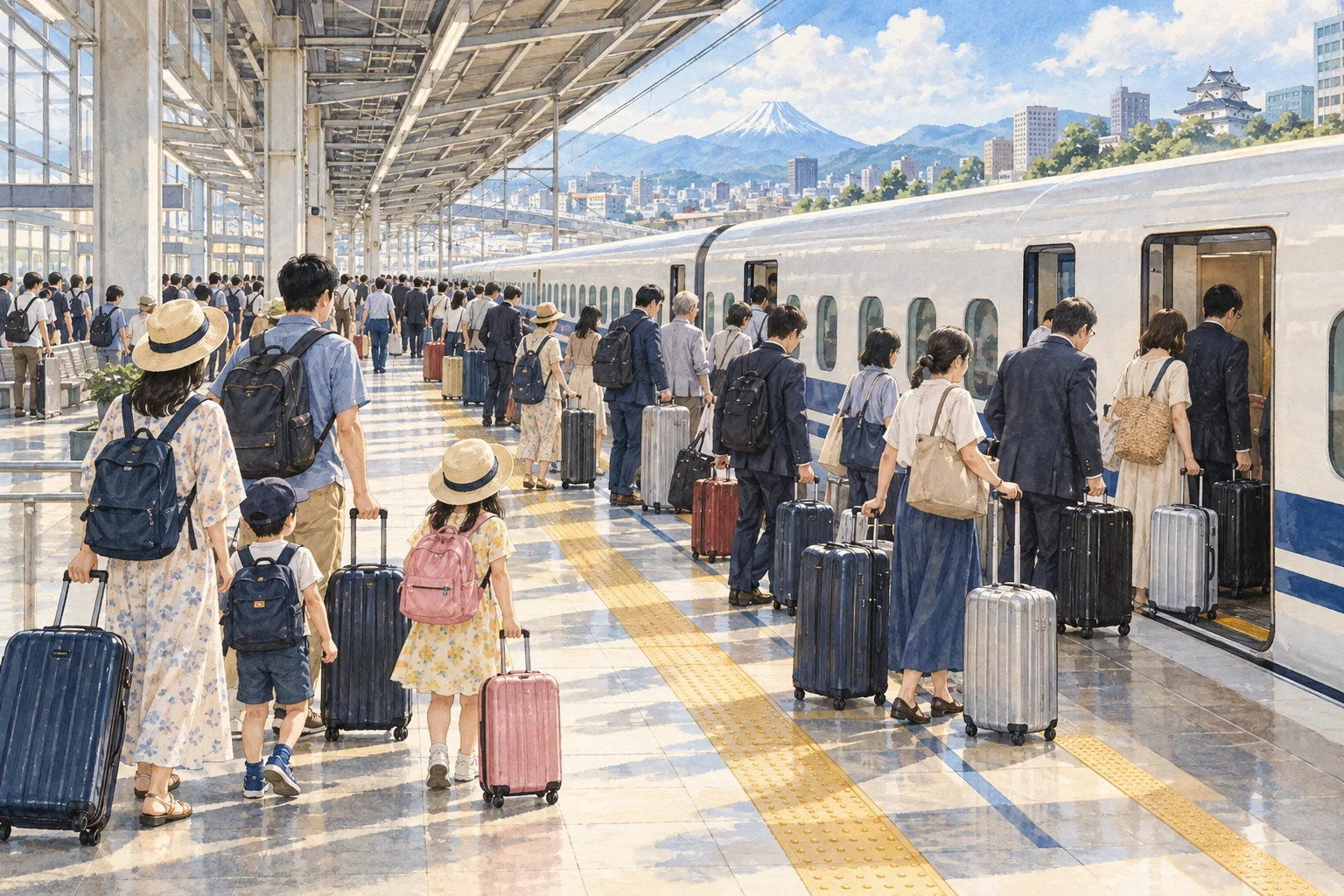 荷物を持って新幹線のホームに並ぶ帰省客
