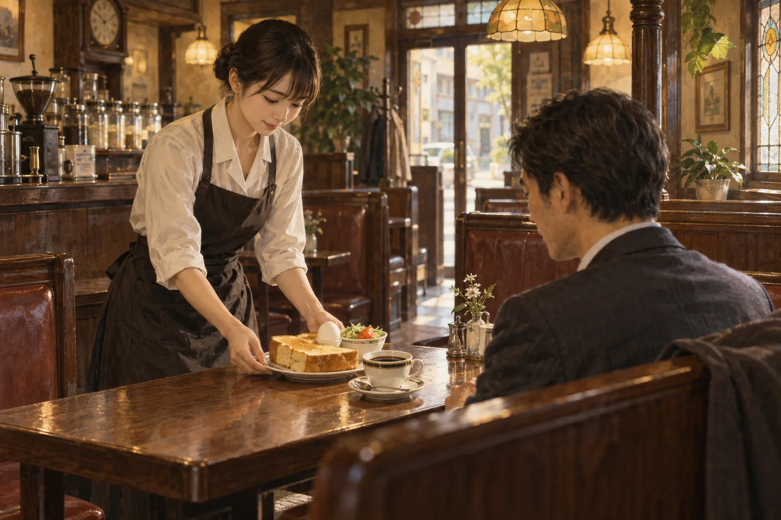 喫茶店でコーヒーにトーストと卵が付くモーニングを楽しむ客