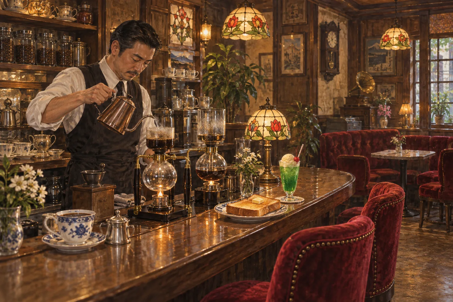 昭和風の喫茶店でコーヒーを淹れる店主