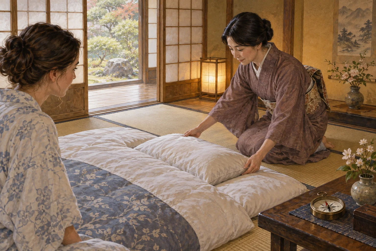 北枕を避けるため布団の向きを直す家族