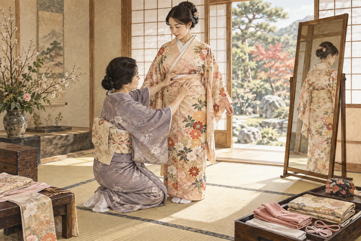 着物の襟と腰回りを整える着付けの様子