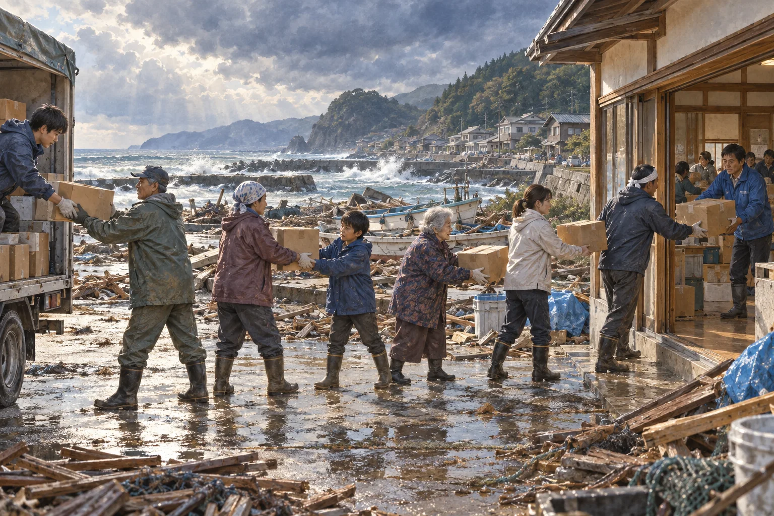 嵐の後に物資を手渡しで運ぶ地域の人々の絆