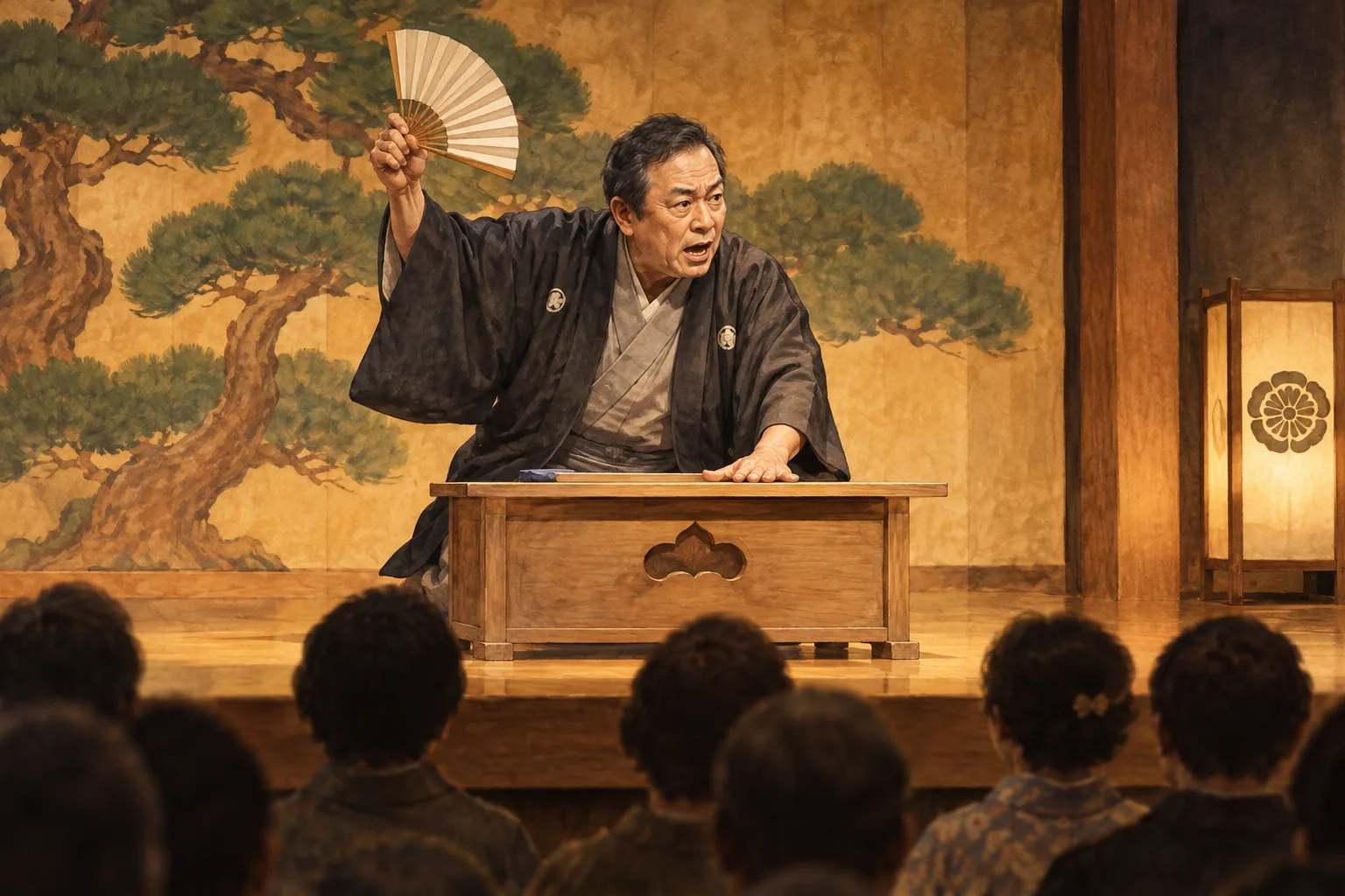 釈台を張り扇で叩きながら語る講談師