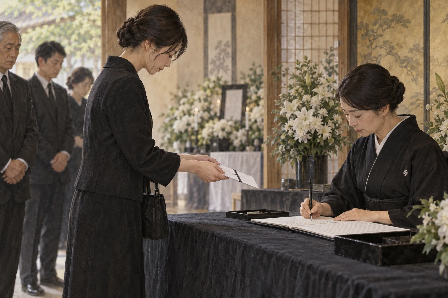 葬儀の受付で香典を手渡す参列者