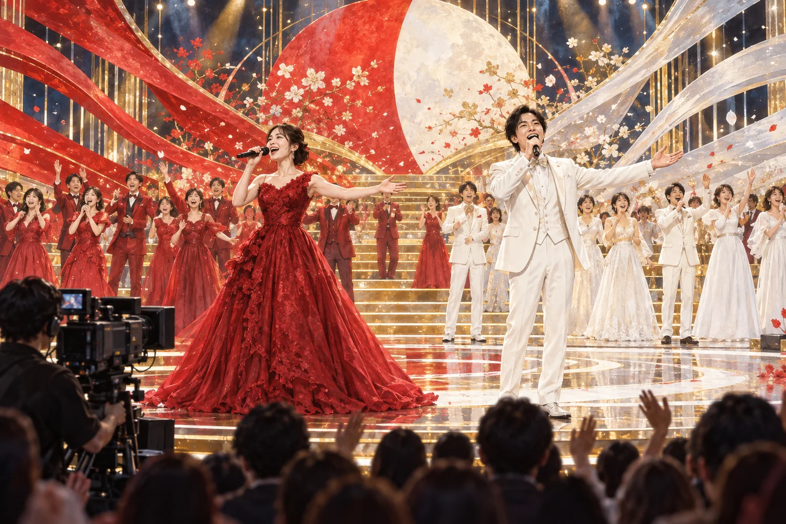 紅白の衣装の歌手たちが、華やかなテレビ番組の舞台で歌う紅白歌合戦のイメージ