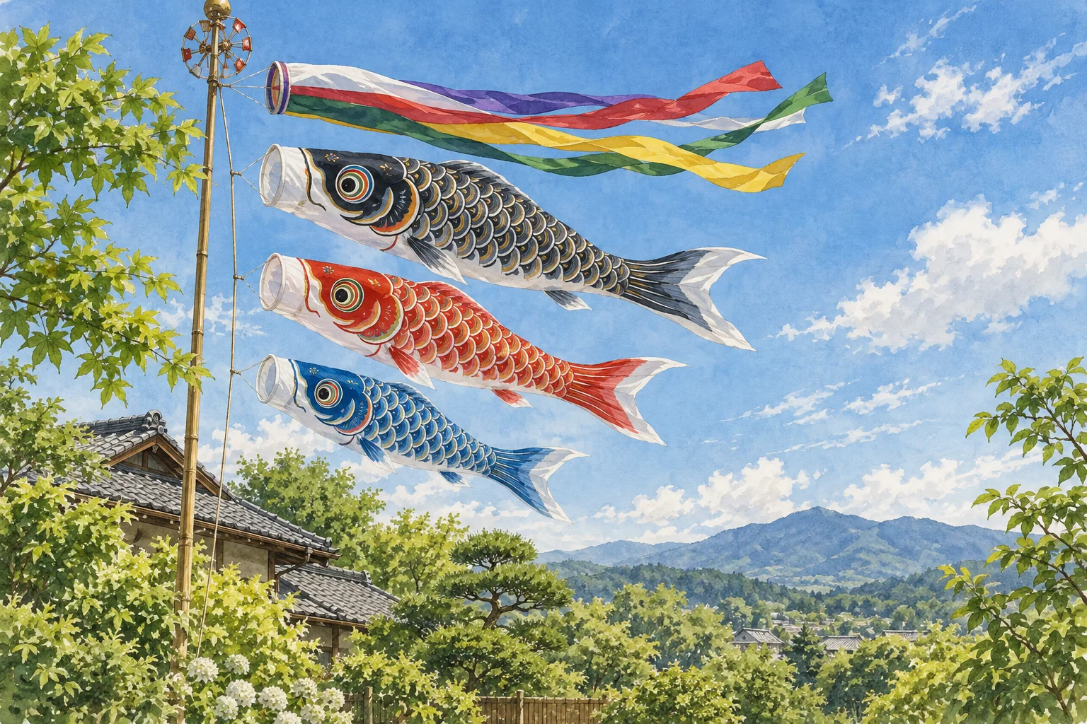 初夏の青空の下で、庭の竿に揚げた色とりどりの鯉のぼり