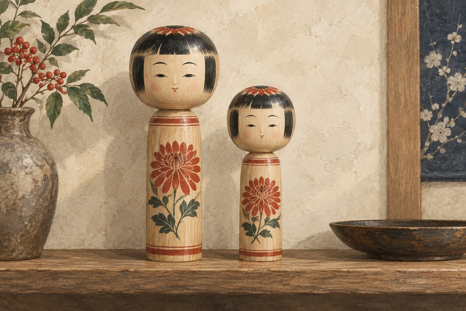 丸い頭と円筒形の胴に花模様を描いた、大小の木製こけし
