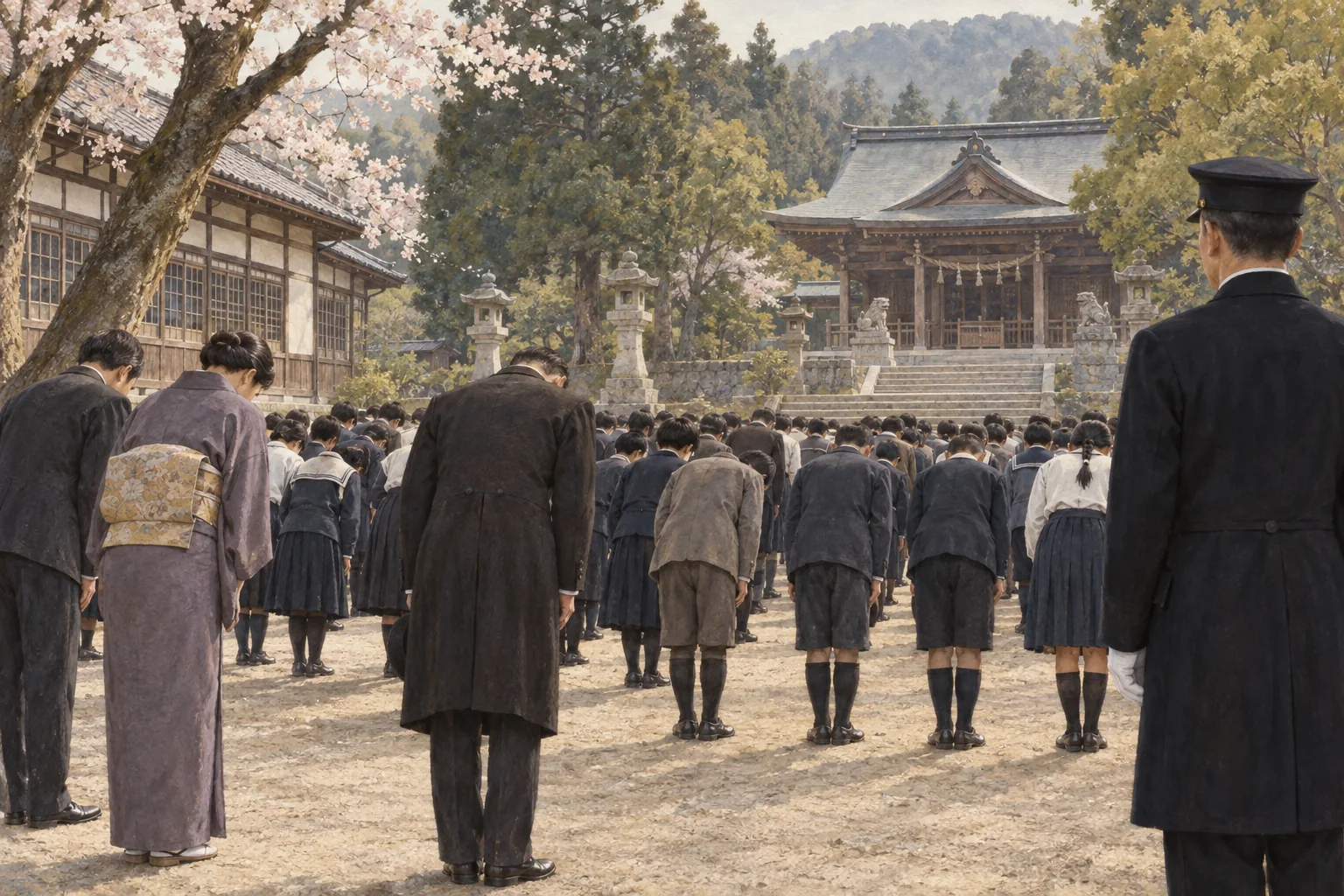 近代の学校行事と国家神道の結びつきを示す歴史的場面