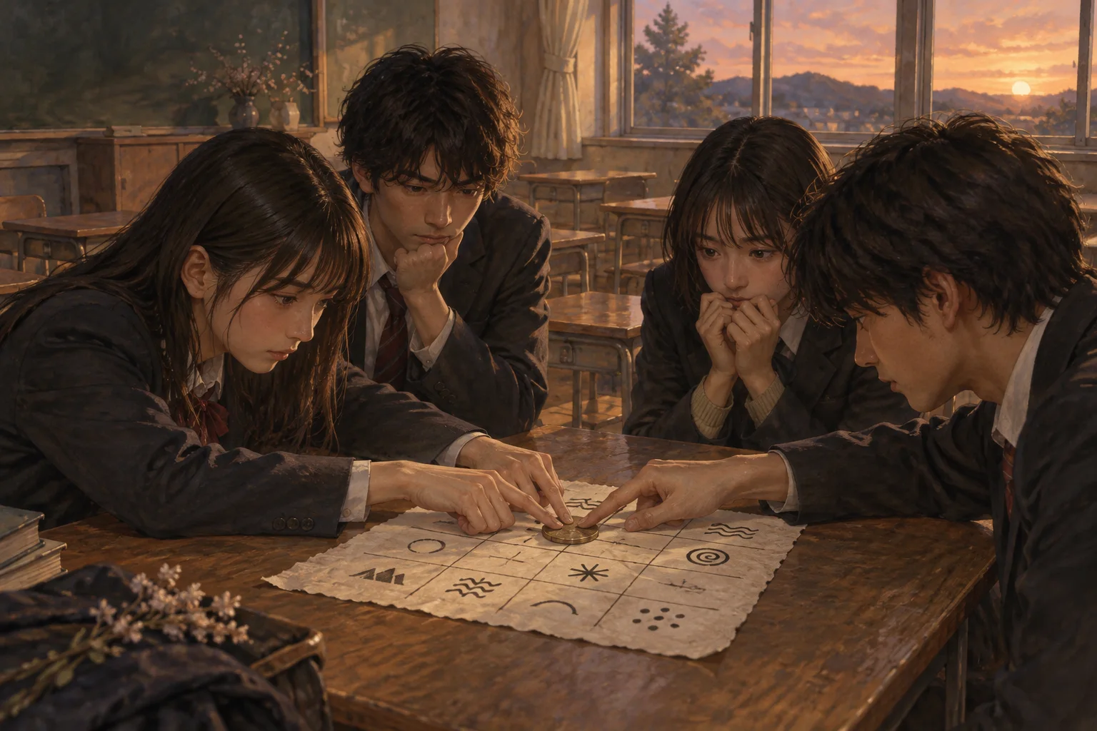 放課後の教室でこっくりさんをする生徒たち