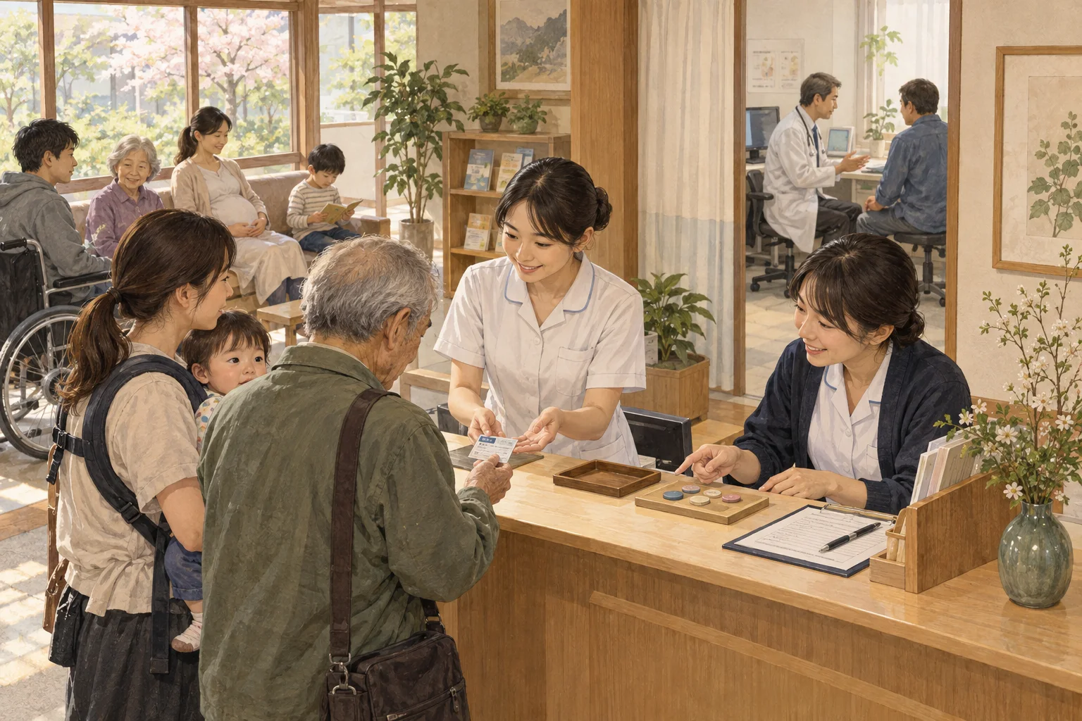 地域の診療所で保険資格を確認し診察を受ける人々