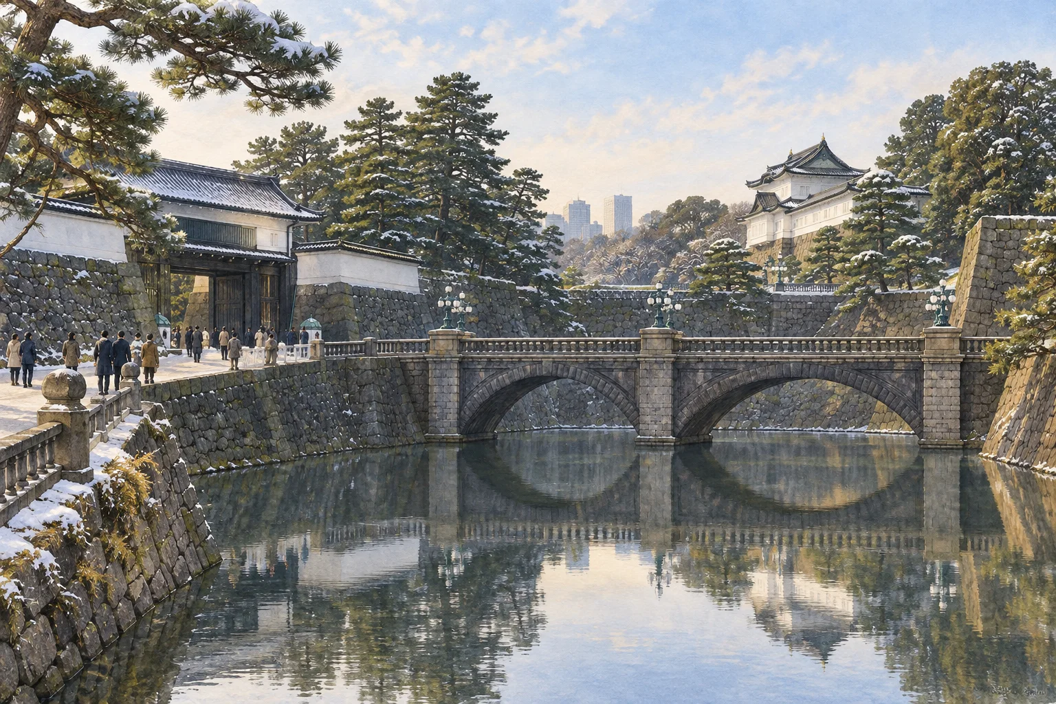 濠越しに望む皇居の石橋と白壁