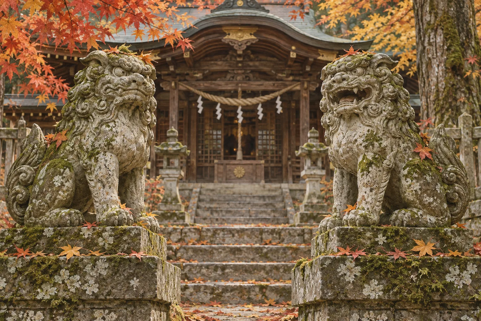 神社の入口を守る口を開閉した一対の狛犬