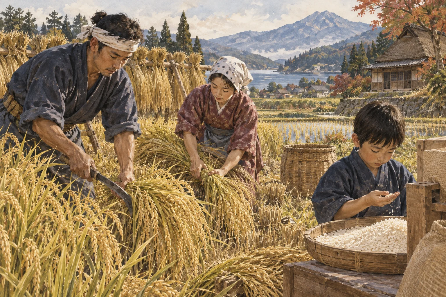 黄金色の田で稲を収穫し米を確かめる農家