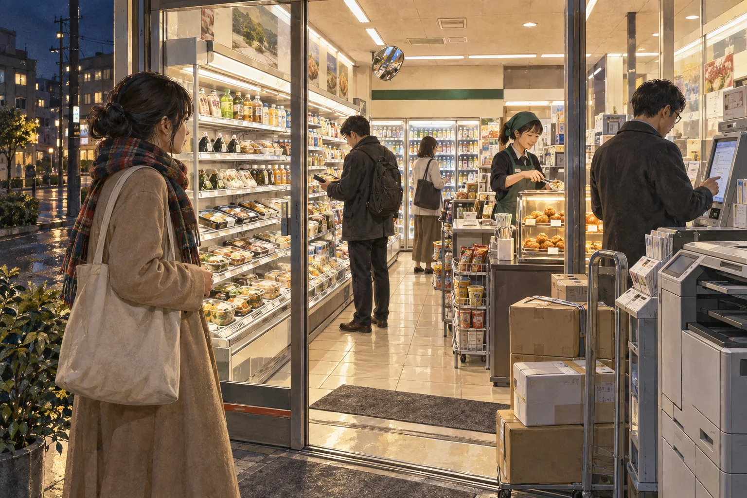 夜のコンビニに並ぶ多様な商品とサービス