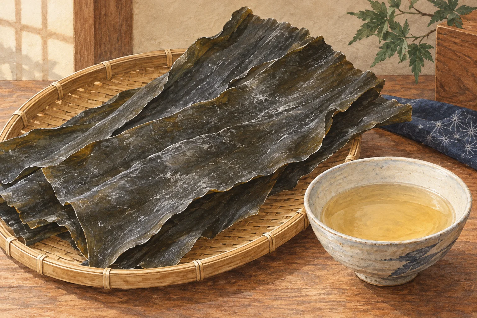 竹の盆に並べた乾燥昆布と、だしの入った器